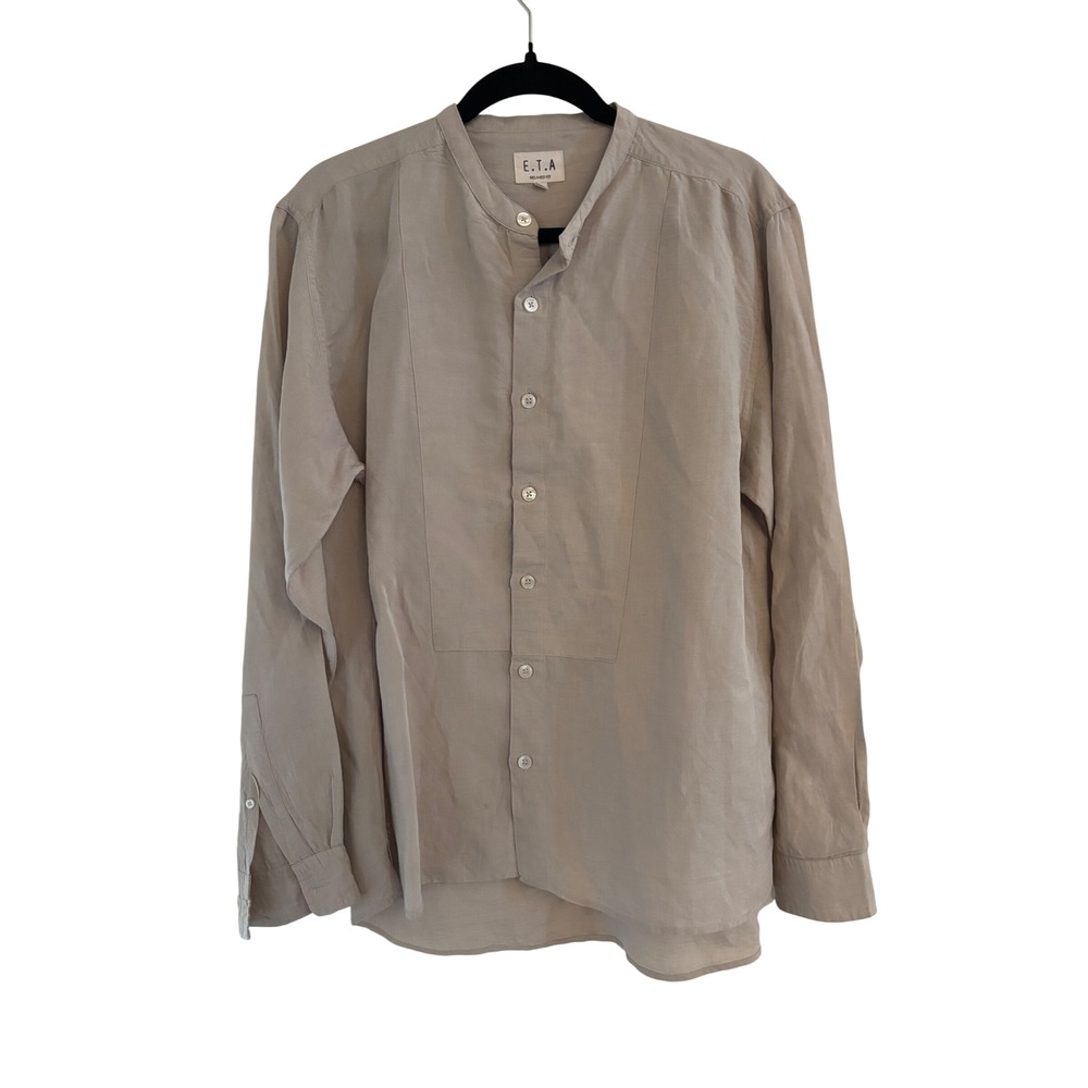 E.T.A. Relaxed Fit Linen Blend Mandarin Collar Button Down Shirt Taupe Beige M